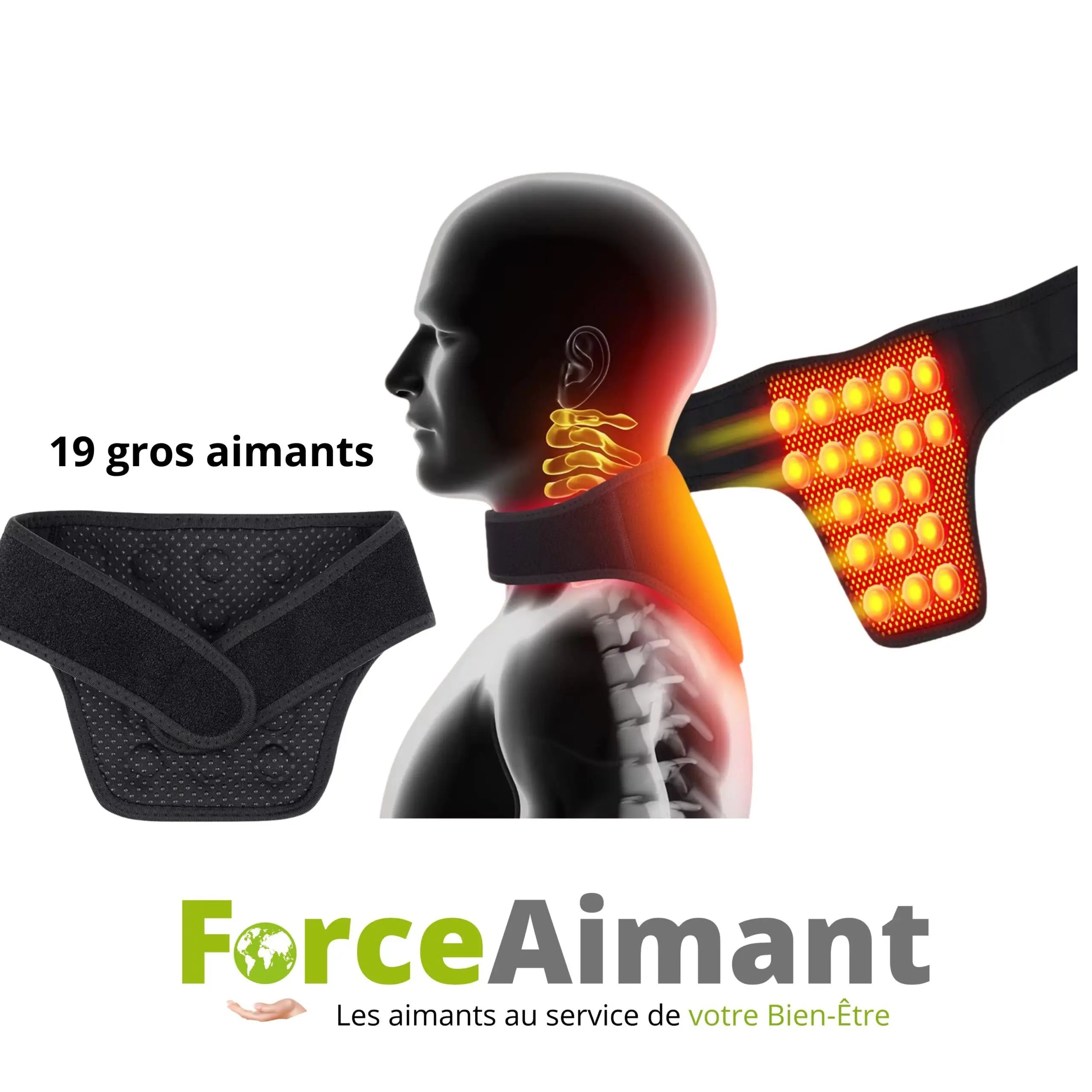 Collier cervical magnétique 19 aimants présenté sur fond blanc.