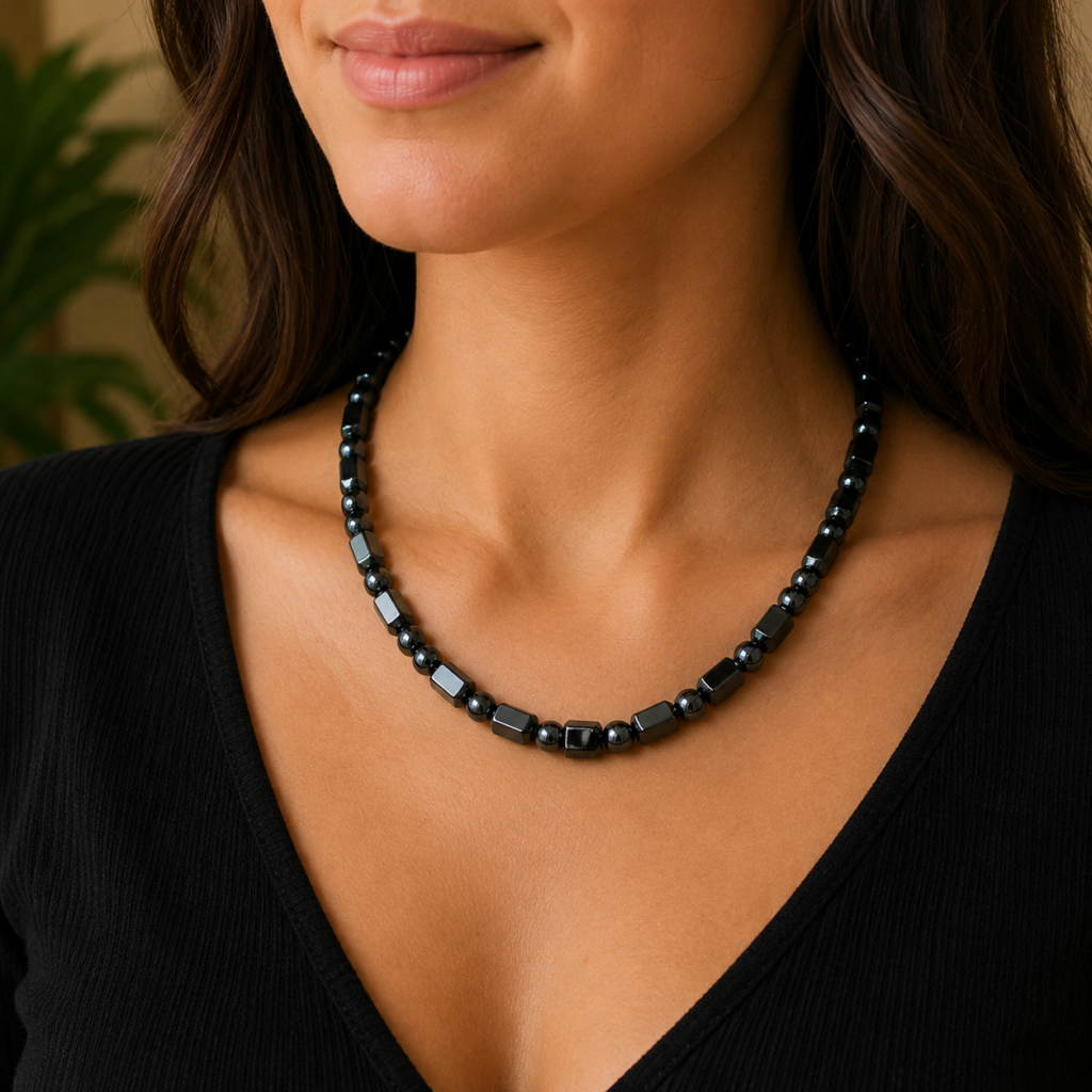 Collier Hématite Magnétique Planète porté autour du cou avec élégance.