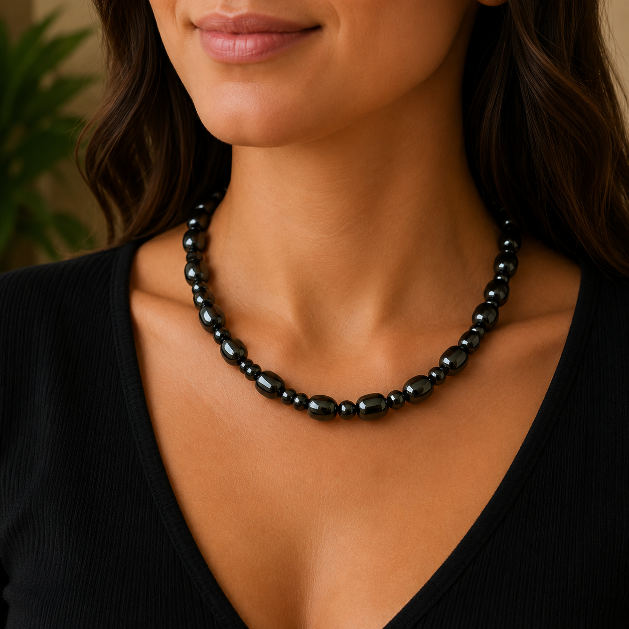 Collier Hématite Magnétique Univers porté autour du cou avec élégance.