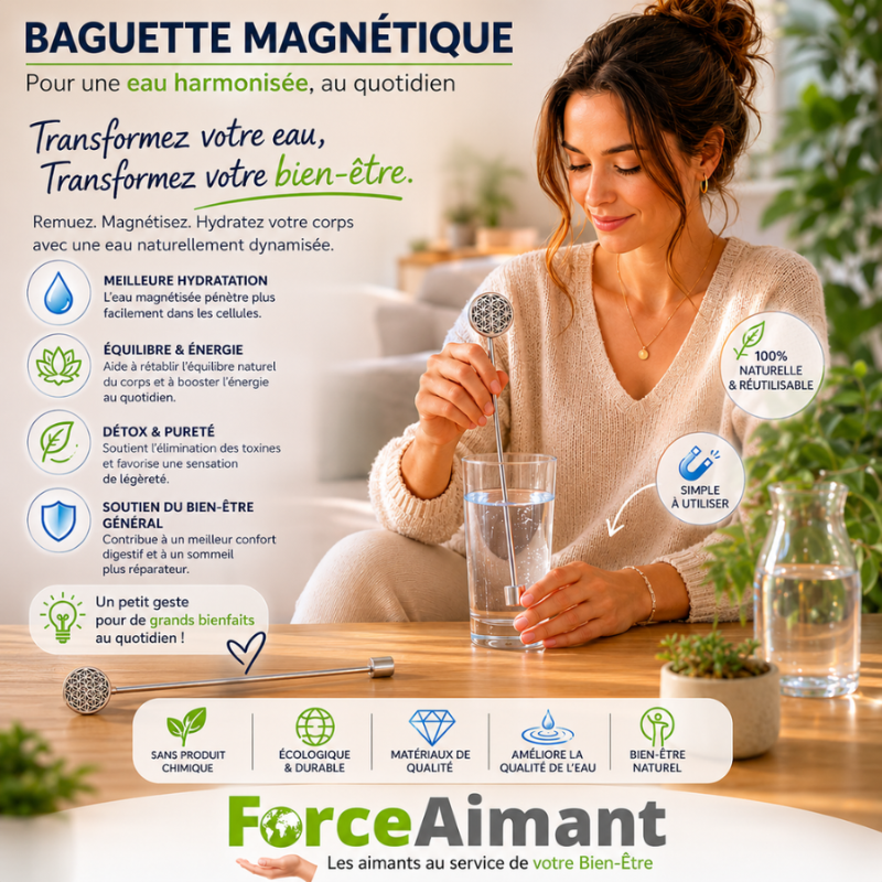 Baguette magnétique Fleur de Vie favorisant un moment d'hydratation au quotidien.