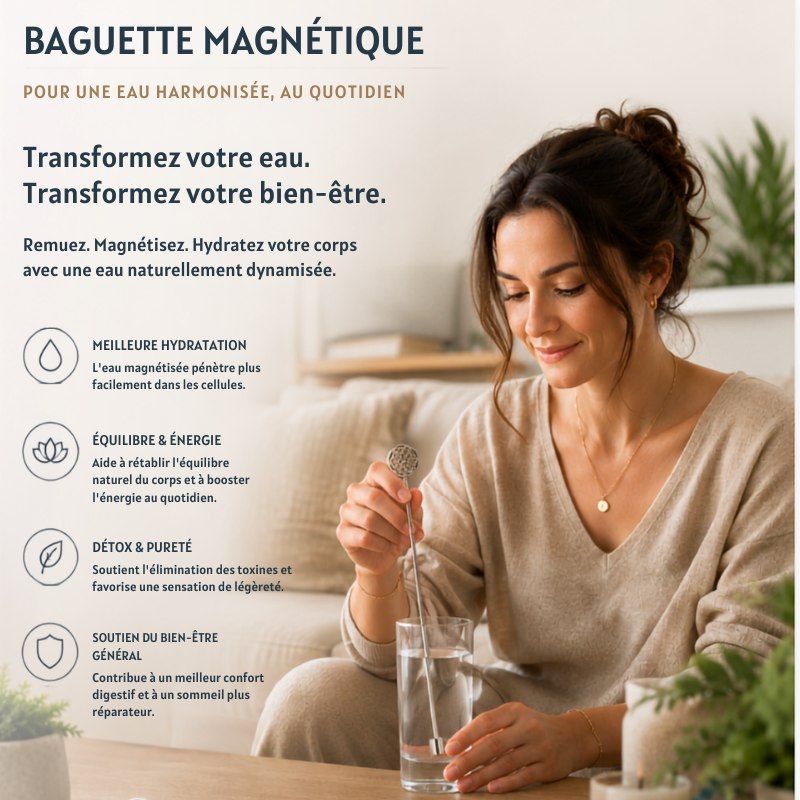 Baguette magnétique Fleur de Vie placée dans un verre d'eau pour accompagner l'hydratation quotidienne.