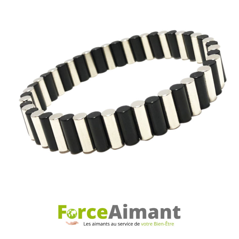 Bracelet 100 % magnétique bicolore noir et métal avec finition élégante.