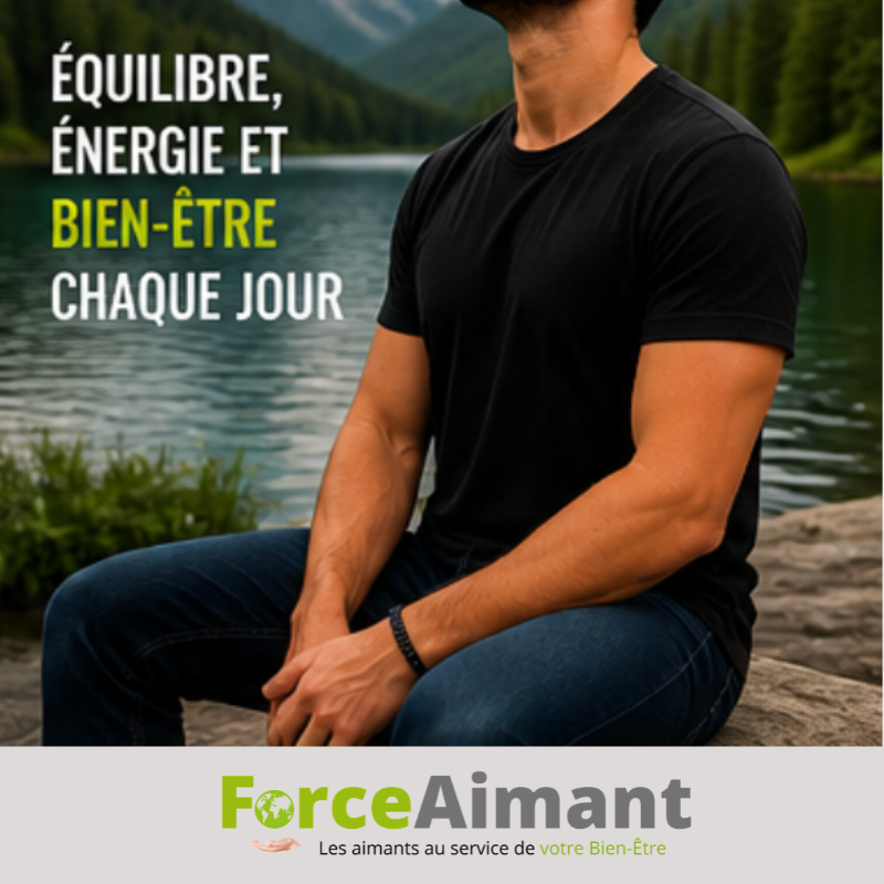 Homme détendu assis dans un environnement paisible portant un bracelet 100 % magnétique noir.