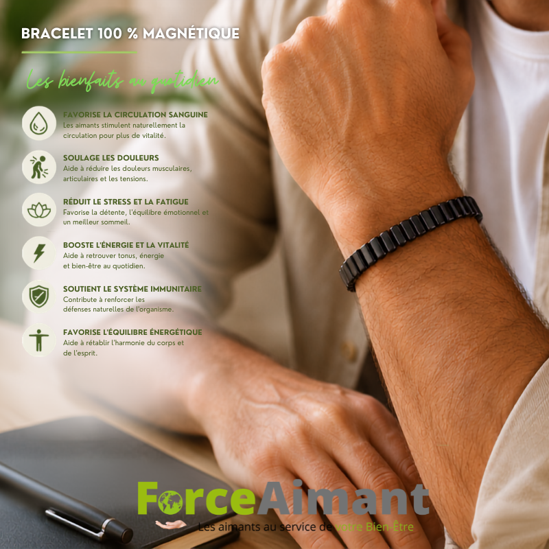 Bracelet 100 % magnétique noir accompagné d'une présentation de ses bienfaits pour le bien-être.