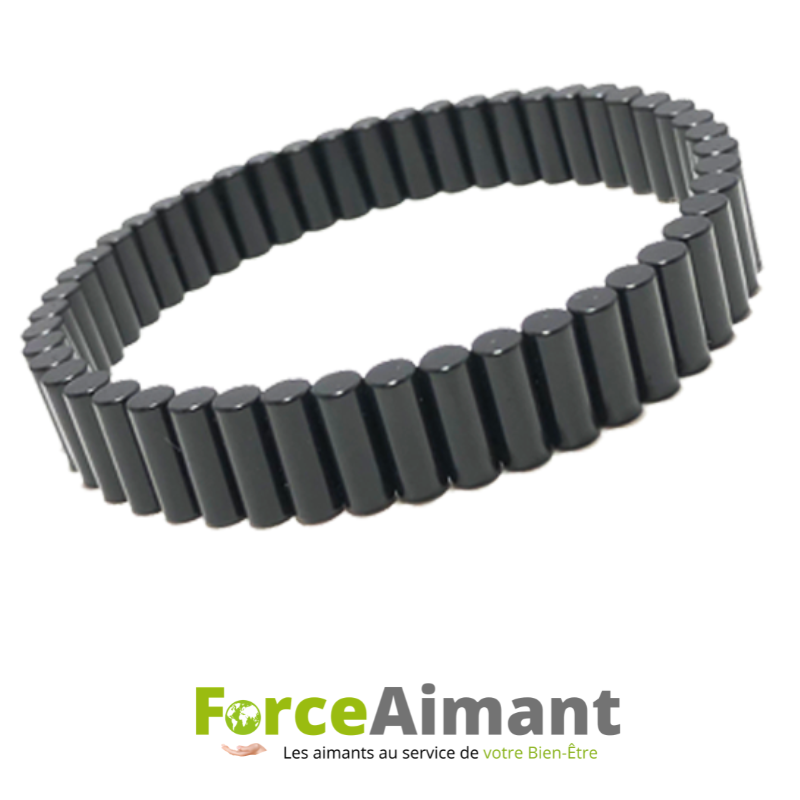 Bracelet 100 % magnétique pour poignet noir, vue en gros plan mettant en valeur ses maillons noirs élégants et sa finition soignée.