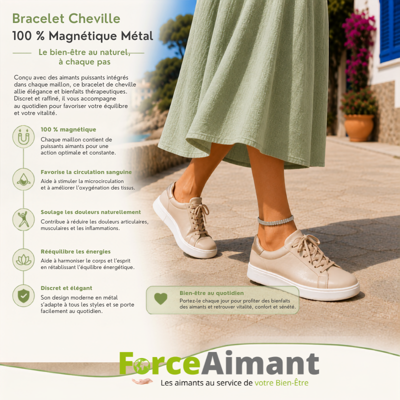 Bracelet 100 % magnétique cheville métal avec présentation de ses bienfaits pour le bien-être.