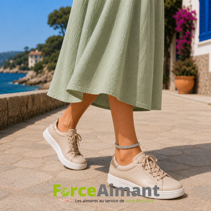 Femme se promenant et portant un bracelet 100 % magnétique cheville métal.