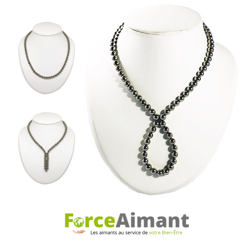 Collier bille 100 % magnétique métal multi position présenté en plusieurs positions de port.