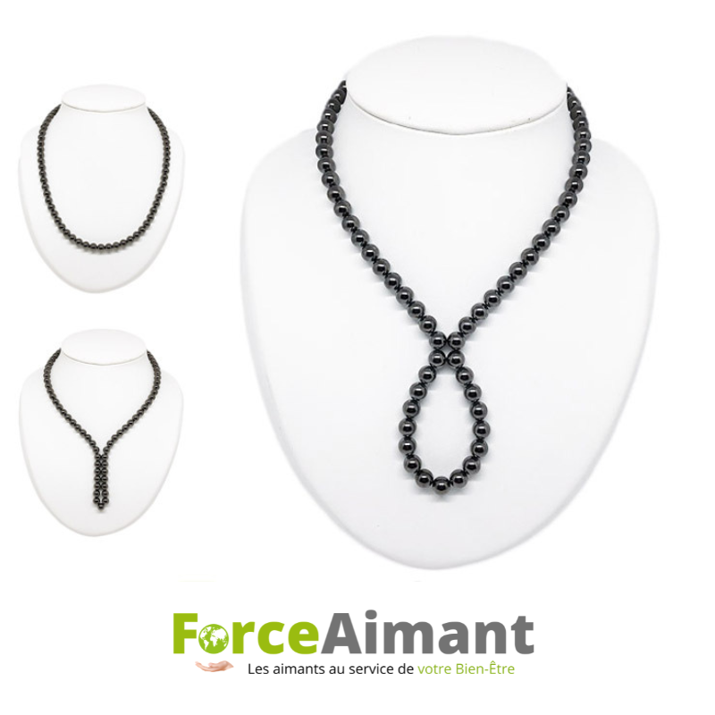 Collier bille 100 % magnétique nacré multi position présenté en plusieurs positions de port.