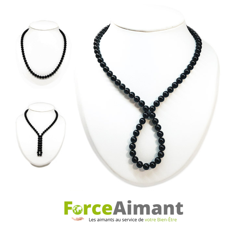 Collier bille 100 % magnétique noir multi position présenté en plusieurs positions de port.