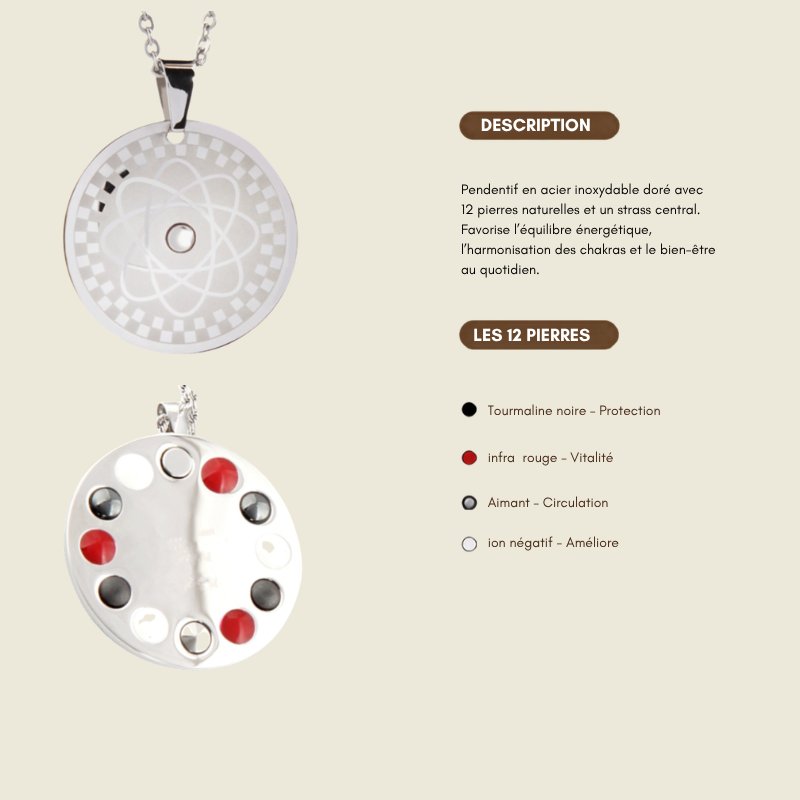 Vue recto verso du collier énergie métal 12 pierres montrant le pendentif et son dos avec son système énergétique.