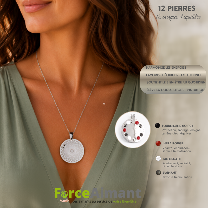 Collier énergie métal 12 pierres accompagné d'une présentation des bienfaits traditionnellement associés aux pierres naturelles.