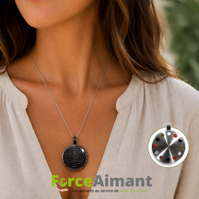 Collier énergie métal avec 12 pierres naturelles porté autour du cou d'une femme, bijou élégant inspiré du bien-être.