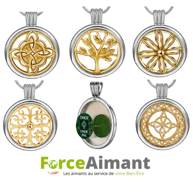 Gros plan sur les 5 modèles du pendentif Onde Phi Fleur bicolore.