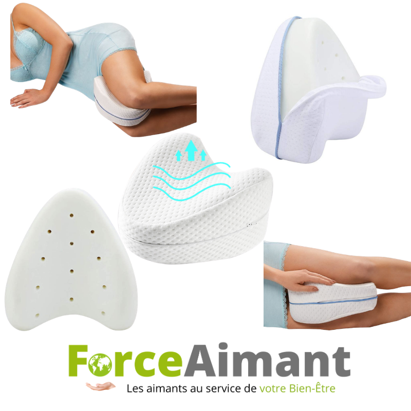 Coussin ergonomique pour genou en mousse à mémoire de forme offrant un confort optimal et un soutien des jambes pendant le sommeil.