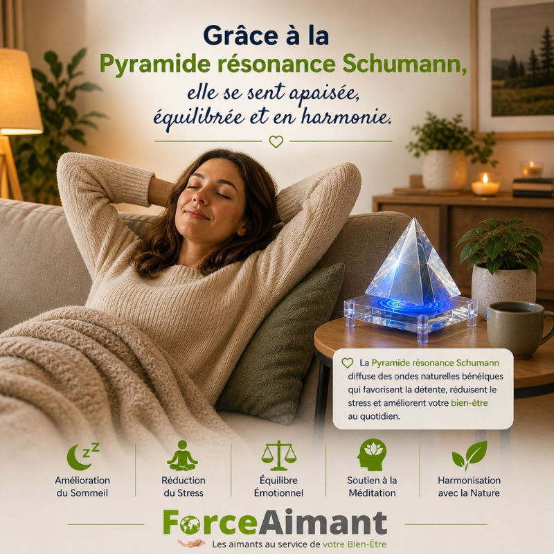 Pyramide Résonance Schumann dans une pièce où une femme se détend sur un fauteuil.