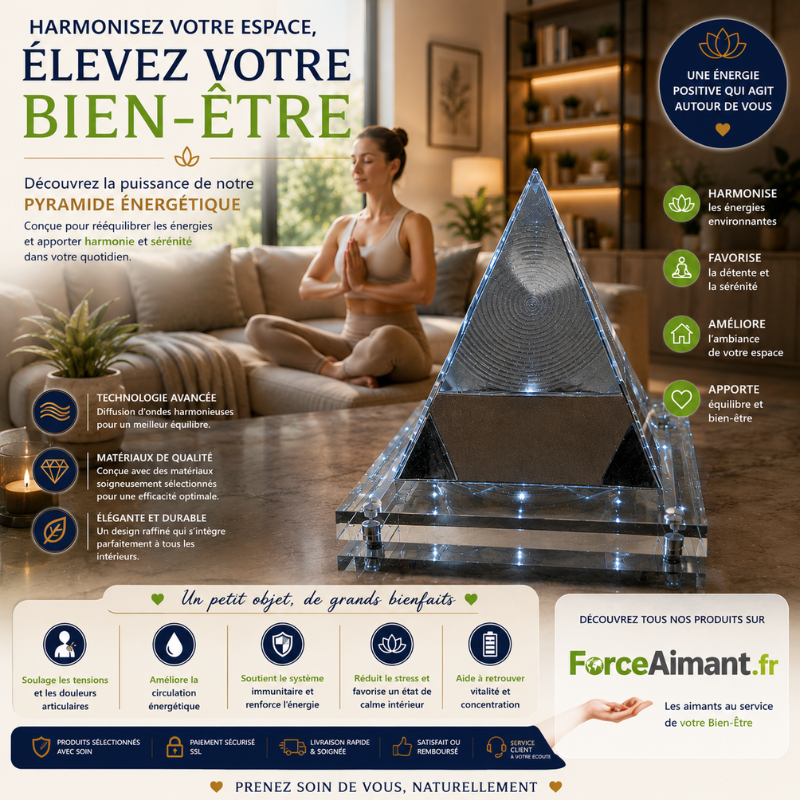 Pyramide Résonance Schumann installée dans un salon pendant une séance de yoga pour favoriser la relaxation.