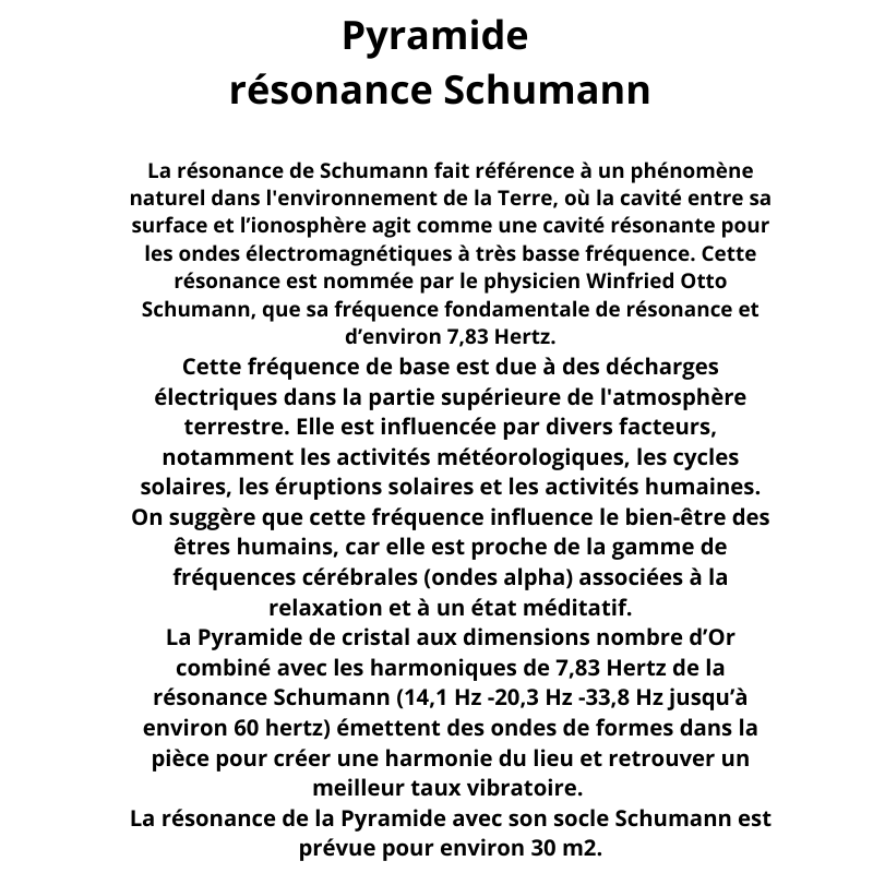 Schéma explicatif présentant le fonctionnement de la Pyramide Résonance Schumann et sa fabrication certifiée.