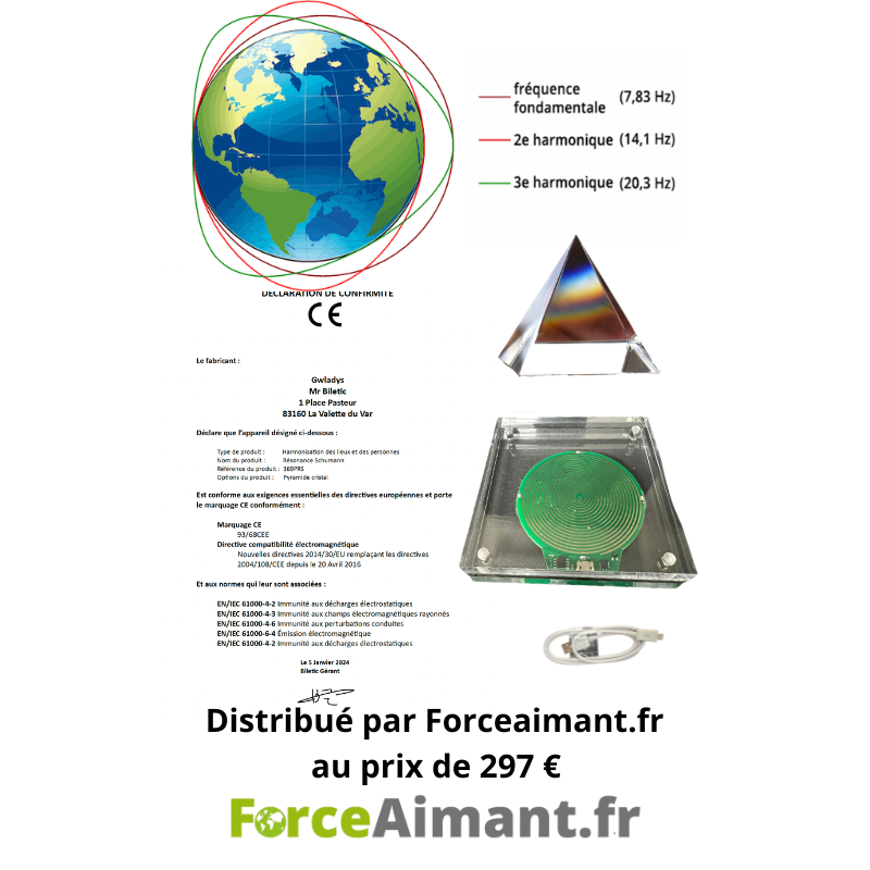 Schéma explicatif présentant le fonctionnement de la Pyramide Résonance Schumann et sa fabrication certifiée.