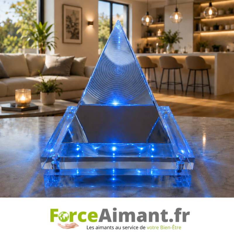 Pyramide Résonance Schumann éclairée dans un salon créant une ambiance harmonieuse et apaisante.
