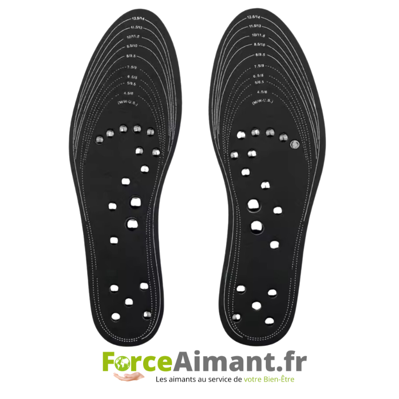 Paire de semelles magnétiques noires avec aimants intégrés pour le confort et le bien-être.
