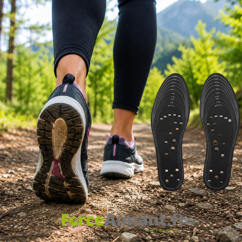 personne marchant avec des baskets équipées de semelles magnétiques.
